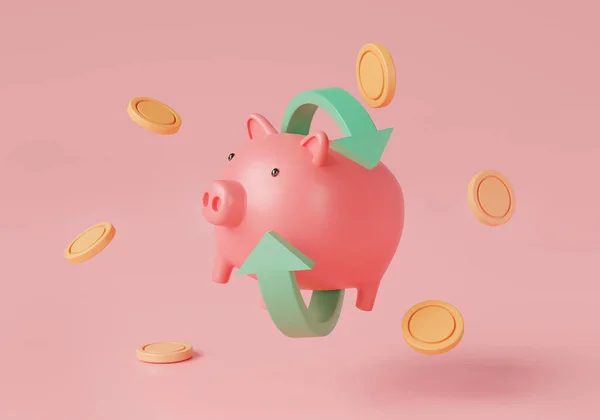 Piggy Bank Met Munten Geld Drijvend Roze Achtergrond Cashback Bancaire — Stockfoto