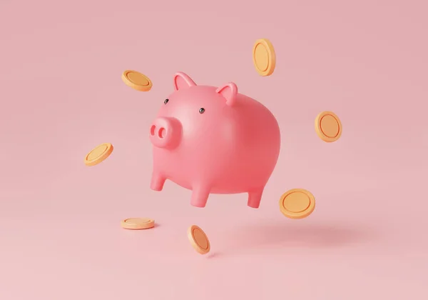 ピンクの背景にコインと貯金箱 お金の概念を救う 貯蔵金 事業投資 成長資金 3Dレンダリングイラスト 漫画最小限 — ストック写真