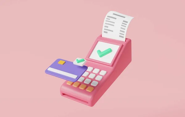 stock image Pos terminal, credit card and receipt. Online payment, credit card reader, Digital transfer, online shopping, bill payment, transactions online, pos terminal payment concept. 3d render illustration