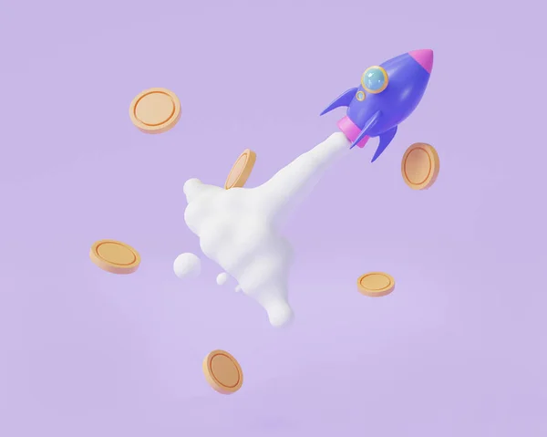 Raket Stijgt Omhoog Met Drijvende Munten Business Start Concept Bitcoin — Stockfoto