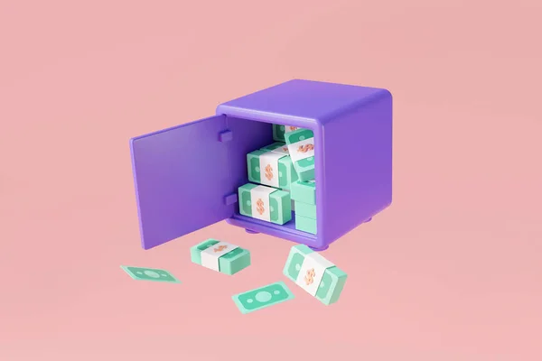 带有钞票和现金的保险箱图标从粉色背景的打开的保险箱掉了出来 资金保护 钱的增长 财政担保 节约资金的概念 3D渲染说明 — 图库照片
