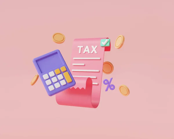 有计算器和钱的税务文件 财务管理和营业税 账单支付 税收百分比 税收计算 概念税的支付 3D渲染说明 — 图库照片