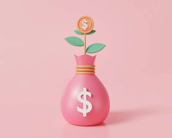 Geld Boom Plant Met Zak Geld Roze Achtergrond Besparen Geld — Stockfoto