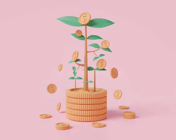 Geld Boom Plant Met Munt Naar Beneden Vallen Roze Achtergrond — Stockfoto