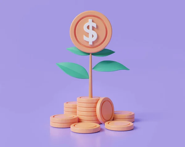 Illustratie Van Spaargeld Concept Geldboom Plant Paarse Achtergrond Dollar Geld — Stockfoto