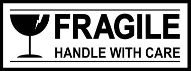 Dikkatli, siyah kırılgan uyarı etiketli, kırılgan cam sembollü etiket, vektör değerli