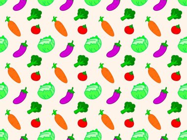 Basit ve şirin sebzeler, dikişsiz duvar kağıdı. Her yerde desensiz tasarım modası var. Renkli, sevimli kumaş deseni çizimi. Duvar kağıdı dokusu. Yazdırma arkaplanı.