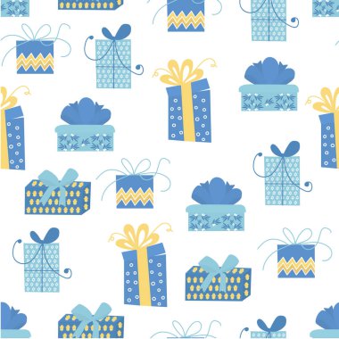 Kusursuz bir desen ve hediyeler. Paket kağıdı, tebrik kartı, duvar kağıdı için mükemmel. Yahudi bayramı. Hanuka