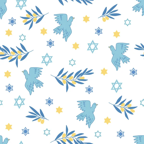 Hanukkah Seamless Pattern Stars Birds Olives Branches Perfect Wrapping Paper — Stock Vector