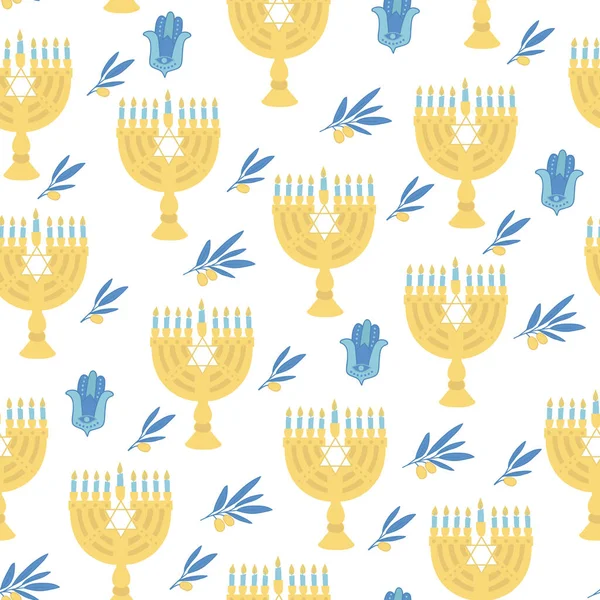 Hanukkah无缝图案与Menorahs和橄榄枝 完美的包装纸 犹太人假日 — 图库矢量图片