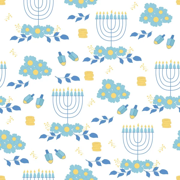 Hanukkah Seamless Pattern Menorahs Dreidel Flowers Perfect Wrapping Paper Greeting — Stock Vector