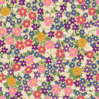 Küçük çiçekli kusursuz dekoratif desen. Tekstil, duvar kâğıdı, kapak, yüzey baskısı. Moda kumaşı için. Modern biçim millefleurslar.