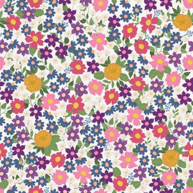 Küçük çiçekli kusursuz dekoratif desen. Tekstil, duvar kâğıdı, kapak, yüzey baskısı. Moda kumaşı için. Modern biçim millefleurslar.