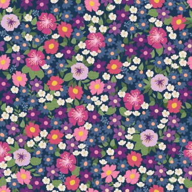 Küçük çiçekli kusursuz dekoratif desen. Tekstil, duvar kâğıdı, kapak, yüzey baskısı. Moda kumaşı için. Modern biçim millefleurslar.