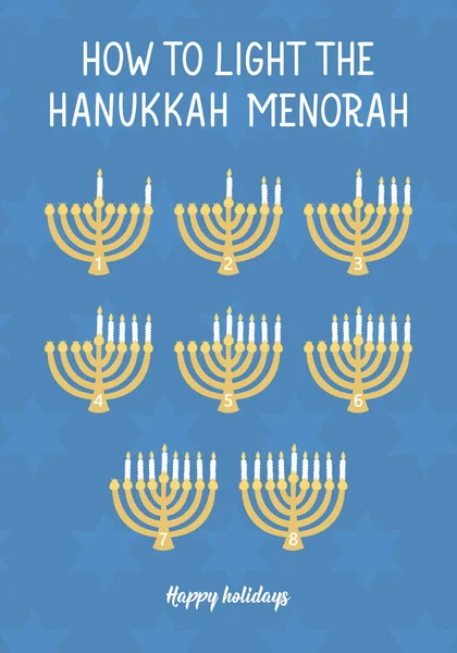 How to light the Hanukkah menorah. Holidays lettering. Ink illustration. Vector illustration.