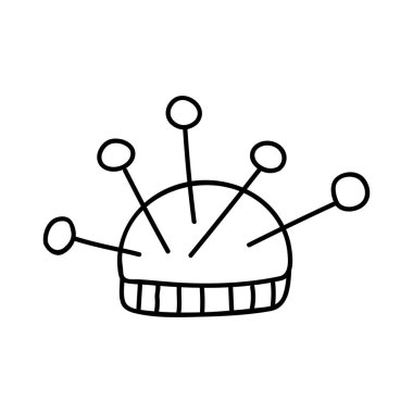 Single hand drawn needle cushion. Doodle vector illustration. Isolated on a white background.