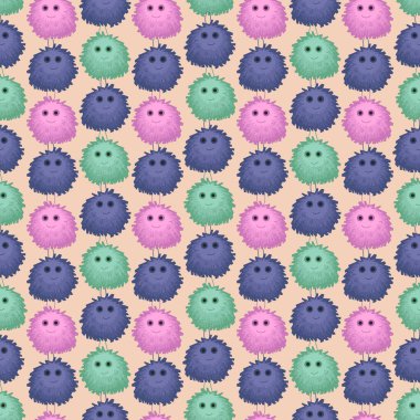 Seamless decorative elegant pattern with cute green, pink and blue cartoon pom poms. Print for textile, wallpaper, covers, surface. Retro stylization. For fashion fabric.