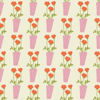 Seamless decorative elegant pattern with bouquets of cute orange flowers in vases. Print for textile, wallpaper, covers, surface. Retro stylization. For fashion fabric.