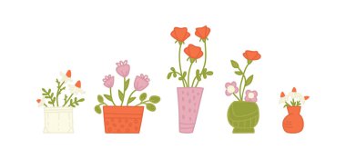 Set of bouquets of cute flowers in vases. Print for textile, wallpaper, covers, surface. Retro stylization.