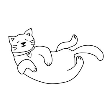 Tek el çizilmiş kedi komik bir poz veriyor. Doodle vektör çizimi. Beyaz bir arkaplanda izole edilmiş.