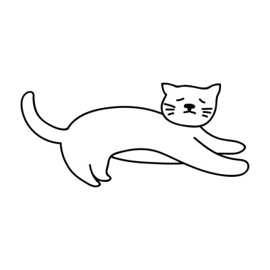 Tek el çizilmiş kedi komik bir poz veriyor. Doodle vektör çizimi. Beyaz bir arkaplanda izole edilmiş.