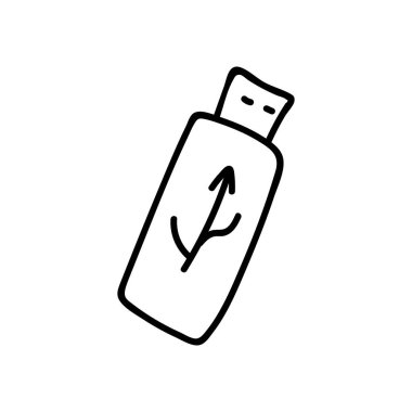 Tek elle çizilmiş flaş bellek. Doodle vektör çizimi. Beyaz bir arka planda izole edilmiş. Retro veri saklama aygıtı