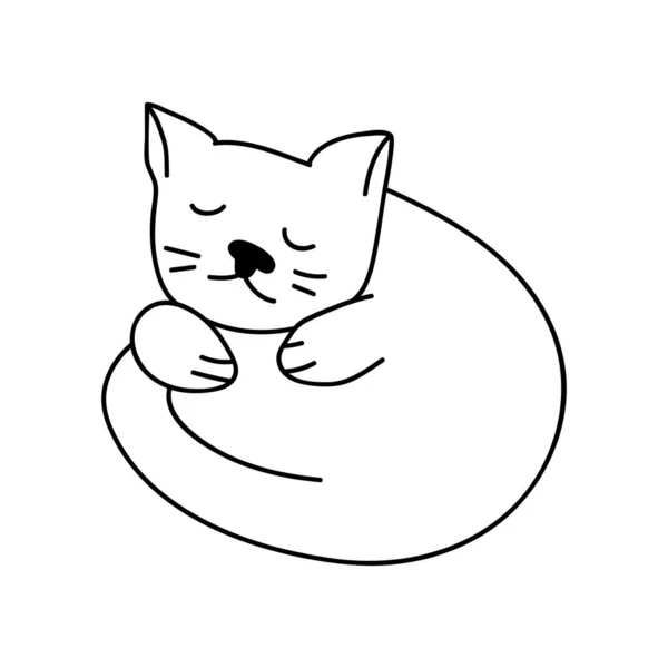 Tunggal Tangan Ditarik Tidur Kucing Dalam Pose Lucu Ilustrasi Vektor - Stok Vektor