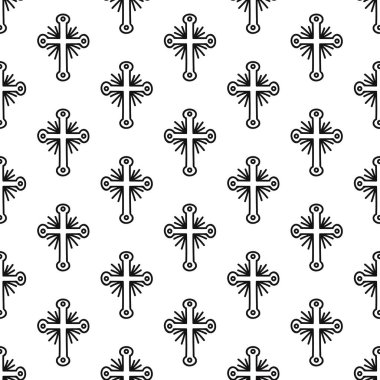 Hristiyan haçlarıyla kusursuz desen. Tekstil, duvar kâğıdı, kapak, yüzey baskısı. Moda kumaşı için. Retro stil. Dini, pürüzsüz desen