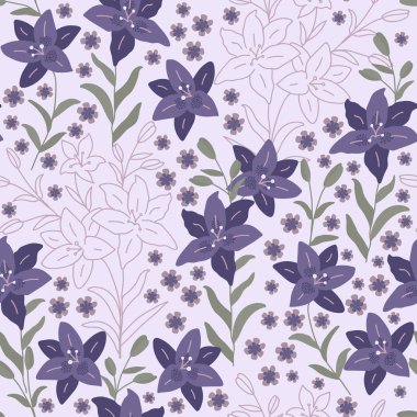 Seamless decorative elegant pattern with lilies. Print for textile, wallpaper, covers, surface. Retro stylization. For fashion fabric.