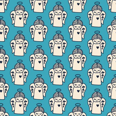 Meleklerin karalama tarzında kusursuz mavi desenli. Tekstil, duvar kâğıdı, kapak, yüzey baskısı. Retro stil. Moda kumaşı için.