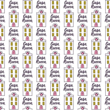 İspanyol harfleriyle kusursuz ve zarif bir desen. İspanyolca çevirisi - Yeni Ev. Tekstil, duvar kâğıdı, kapak, yüzey baskısı. Moda kumaşı için. Casa Nueva.