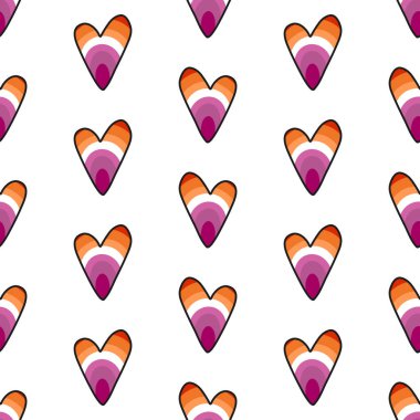 Seamless pattern with hearts of colors of the Lesbian Pride Flag. Print for textile, wallpaper, covers, surface. Abstract geometric seamless pattern. For fashion fabric. LGBTQ symbols clipart