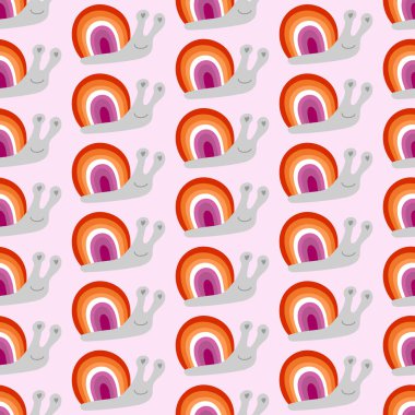 Seamless decorative pattern with snails with a shell of colors of the Lesbian Flag. Print for textile, wallpaper, covers, surface. For fashion fabric. Retro stylization. lgbtqa symbols clipart