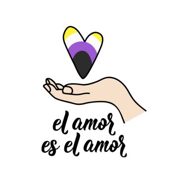El amor es el amor. İspanyol harfleri. İspanyolca 'dan tercüme edersek, aşk aşktır. El ilanları, afişler ve posterler için. Modern hat sanatı. LGBTQ sembolleri. İkili Olmayan Gurur Bayrağı.