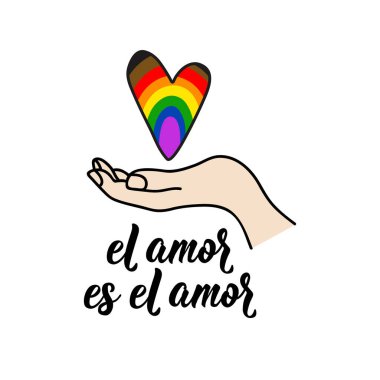 El amor es el amor. İspanyol harfleri. İspanyolca 'dan tercüme edersek, aşk aşktır. El ilanları, afişler ve posterler için. Modern hat sanatı. LGBTQ sembolleri. Philadelphia Gurur Bayrağı.