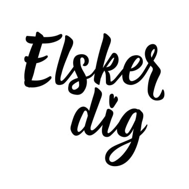 Elsker Kazısı. Danca 'dan çeviri: Modern vektör fırçası el yazısı. Mürekkep çizimi. Tebrik kartları, posterler, tişörtler, afişler için mükemmel bir tasarım. Danimarka Harfleri.