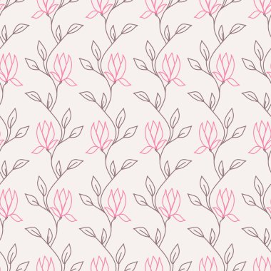 Çiçek açan manolya dallarıyla kusursuz desen. Tekstil, duvar kâğıdı, kapak, yüzey baskısı. Retro stil. Moda kumaşı için.