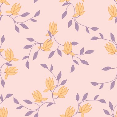 Çiçek açan manolya dallarıyla kusursuz desen. Tekstil, duvar kâğıdı, kapak, yüzey baskısı. Retro stil. Moda kumaşı için.