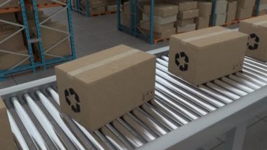4K Loop Cardboard boxes on conveyor belt line isolated on warehouse background. 3D Animation