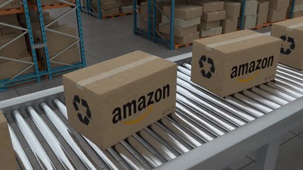 Kotak Kardus Dengan Amazon Logo Pada Jalur Sabuk Konveyor Terisolasi — Stok Video