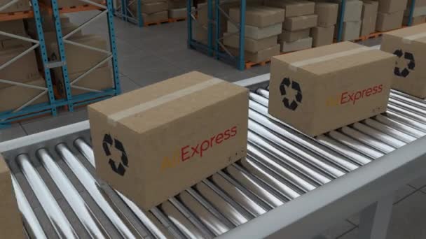 Cardboard Boxes Aliexpress Logo Conveyor Belt Line Isolated Warehouse Background — Stock video