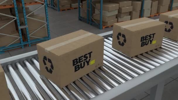 Istanbul Turkey 2023 Cardboard Boxes Best Buy Logo Conveyor Belt — Wideo stockowe