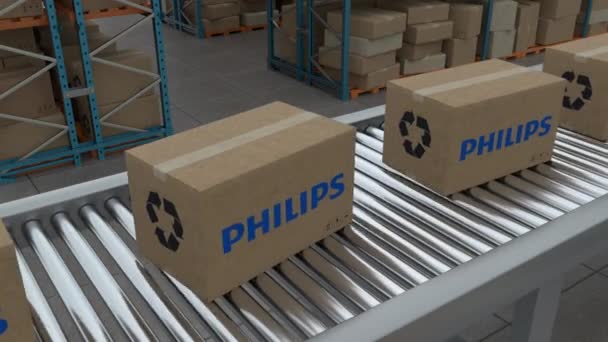Istanbul Turkey 2023 Cardboard Boxes Philips Logo Conveyor Belt Line — Vídeo de Stock