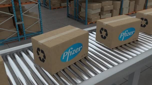 Istanbul Turkey 2023 Cardboard Boxes Pfizer Logo Conveyor Belt Line — Stock videók