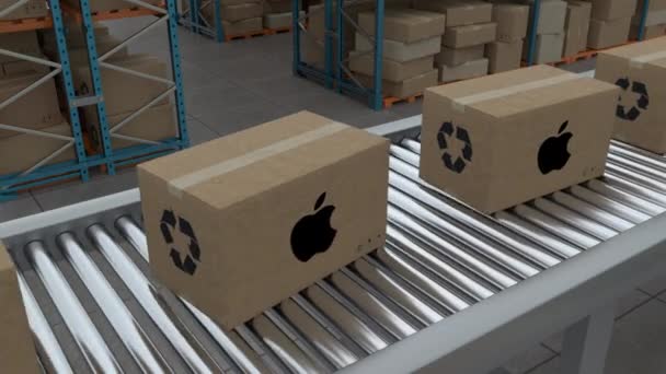 Istanbul Turkey 2023 Cardboard Boxes Apple Logo Conveyor Belt Line — Αρχείο Βίντεο