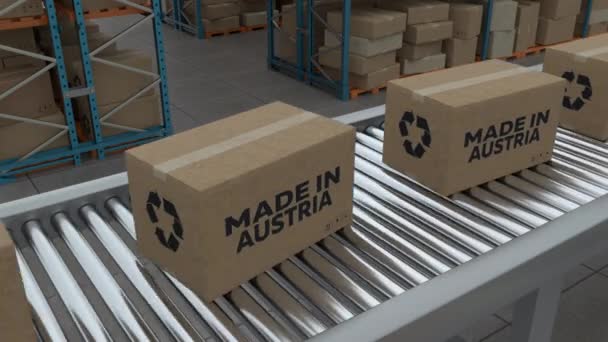 Cardboard Boxes Made Austria Conveyor Belt Line Isolated Warehouse Background — Vídeos de Stock