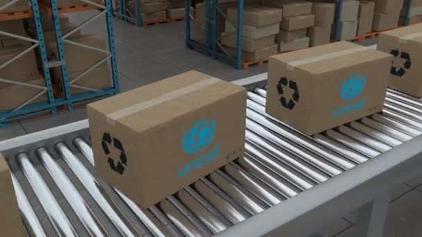 Istanbul Turkey 2023 Cardboard Boxes Unicef Logo Conveyor Belt Line — Stock videók