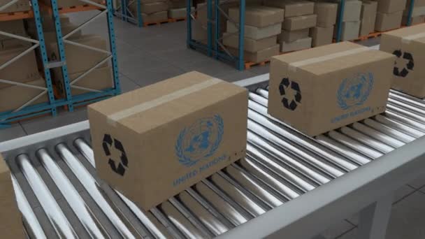 Istanbul Turkey 2023 Cardboard Boxes United Nation Logo Conveyor Belt — Stock videók