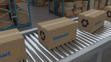 Istanbul,Turkey - 01.01.2023:Cardboard boxes with Walmart Logo on conveyor belt line isolated on warehouse background.3D Animation