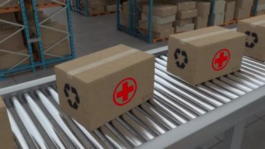 Cardboard boxes with Red Cross Logo on conveyor belt line isolated on warehouse background.3D Animation